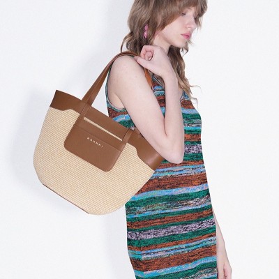 Woven large capacity tote bag with French top layer cowhide and grass woven handbag